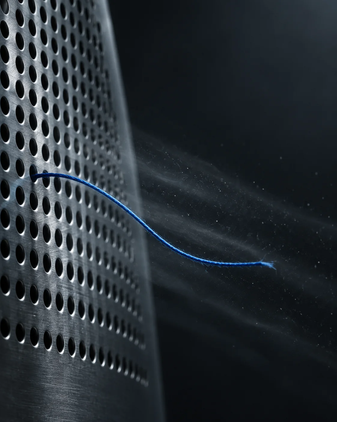 Blue thread bending in moving air beside perforated brushed metal