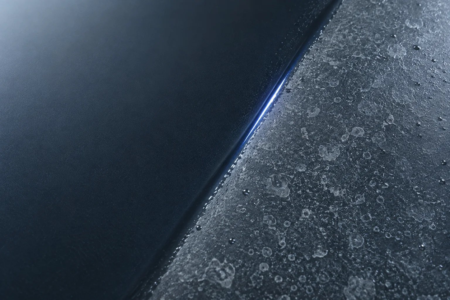 Blue-grey enamel showing clean and mineral-marked surface states